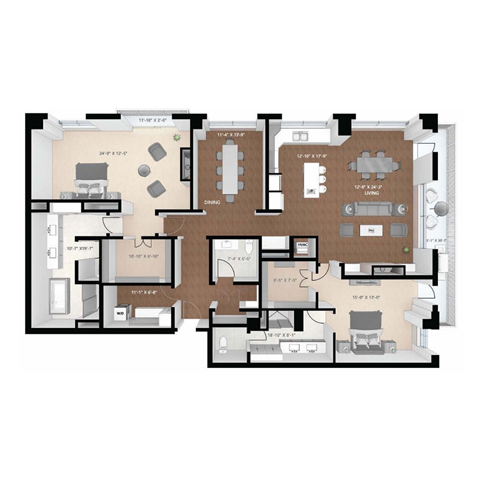 Floor plan for 2 beds, 2.5 baths, 2297 sqft